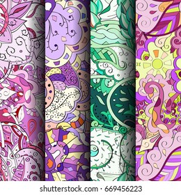 Set of tracery colorful seamless patterns. Vertical stripes. Curved doodling backgrounds for textile or printing with mehndi and ethnic motives. Vector