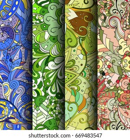 Set of tracery colorful seamless patterns. Vertical stripes. Curved doodling backgrounds for textile or printing with mehndi and ethnic motives. Vector