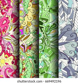Set of tracery colorful seamless patterns. Vertical stripes. Curved doodling backgrounds for textile or printing with mehndi and ethnic motives. Vector