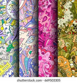 Set of tracery colorful seamless patterns. Vertical stripes. Curved doodling backgrounds for textile or printing with mehndi and ethnic motives. Vector