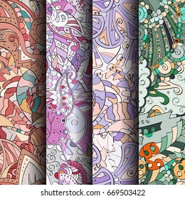 Set of tracery colorful seamless patterns. Vertical stripes. Curved doodling backgrounds for textile or printing with mehndi and ethnic motives. Vector