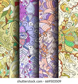 Set of tracery colorful seamless patterns. Vertical stripes. Curved doodling backgrounds for textile or printing with mehndi and ethnic motives. Vector