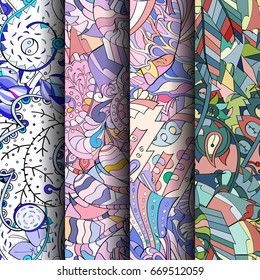 Set of tracery colorful seamless patterns. Vertical stripes. Curved doodling backgrounds for textile or printing with mehndi and ethnic motives. Vector