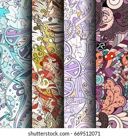 Set of tracery colorful seamless patterns. Vertical stripes. Curved doodling backgrounds for textile or printing with mehndi and ethnic motives. Vector