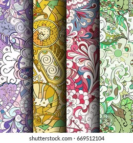 Set of tracery colorful seamless patterns. Vertical stripes. Curved doodling backgrounds for textile or printing with mehndi and ethnic motives. Vector