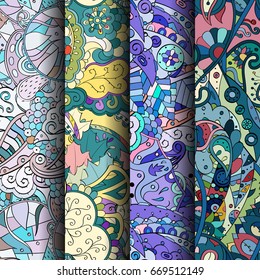 Set of tracery colorful seamless patterns. Vertical stripes. Curved doodling backgrounds for textile or printing with mehndi and ethnic motives. Vector