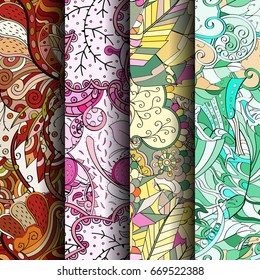 Set of tracery colorful seamless patterns. Vertical stripes. Curved doodling backgrounds for textile or printing with mehndi and ethnic motives. Vector