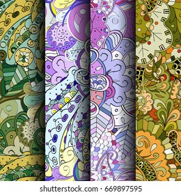 Set of tracery colorful seamless patterns. Vertical stripes. Curved doodling backgrounds for textile or printing with mehndi and ethnic motives. Vector