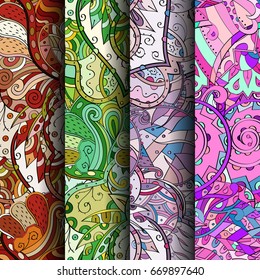 Set of tracery colorful seamless patterns. Vertical stripes. Curved doodling backgrounds for textile or printing with mehndi and ethnic motives. Vector