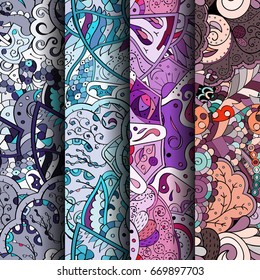Set of tracery colorful seamless patterns. Vertical stripes. Curved doodling backgrounds for textile or printing with mehndi and ethnic motives. Vector