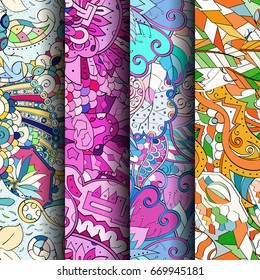 Set of tracery colorful seamless patterns. Vertical stripes. Curved doodling backgrounds for textile or printing with mehndi and ethnic motives. Vector