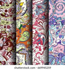 Set of tracery colorful seamless patterns. Vertical stripes. Curved doodling backgrounds for textile or printing with mehndi and ethnic motives. Vector