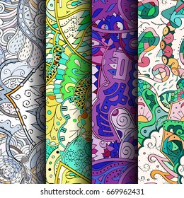 Set of tracery colorful seamless patterns. Vertical stripes. Curved doodling backgrounds for textile or printing with mehndi and ethnic motives. Vector