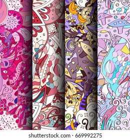 Set of tracery colorful seamless patterns. Vertical stripes. Curved doodling backgrounds for textile or printing with mehndi and ethnic motives. Vector
