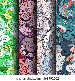 Set of tracery colorful seamless patterns. Vertical stripes. Curved doodling backgrounds for textile or printing with mehndi and ethnic motives. Vector