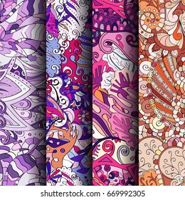Set of tracery colorful seamless patterns. Vertical stripes. Curved doodling backgrounds for textile or printing with mehndi and ethnic motives. Vector