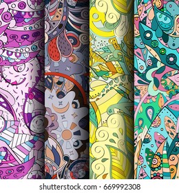 Set of tracery colorful seamless patterns. Vertical stripes. Curved doodling backgrounds for textile or printing with mehndi and ethnic motives. Vector