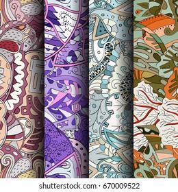 Set of tracery colorful seamless patterns. Vertical stripes. Curved doodling backgrounds for textile or printing with mehndi and ethnic motives. Vector