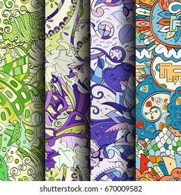Set of tracery colorful seamless patterns. Vertical stripes. Curved doodling backgrounds for textile or printing with mehndi and ethnic motives. Vector