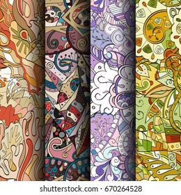Set of tracery colorful seamless patterns. Vertical stripes. Curved doodling backgrounds for textile or printing with mehndi and ethnic motives. Vector