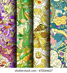 Set of tracery colorful seamless patterns. Vertical stripes. Curved doodling backgrounds for textile or printing with mehndi and ethnic motives. Vector