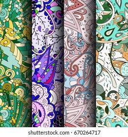 Set of tracery colorful seamless patterns. Vertical stripes. Curved doodling backgrounds for textile or printing with mehndi and ethnic motives. Vector