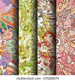 Set of tracery colorful seamless patterns. Vertical stripes. Curved doodling backgrounds for textile or printing with mehndi and ethnic motives. Vector