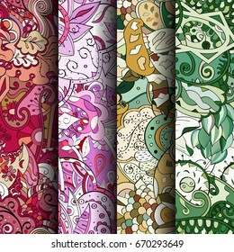 Set of tracery colorful seamless patterns. Vertical stripes. Curved doodling backgrounds for textile or printing with mehndi and ethnic motives. Vector