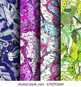 Set of tracery colorful seamless patterns. Vertical stripes. Curved doodling backgrounds for textile or printing with mehndi and ethnic motives. Vector