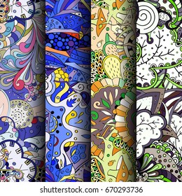 Set of tracery colorful seamless patterns. Vertical stripes. Curved doodling backgrounds for textile or printing with mehndi and ethnic motives. Vector