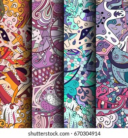 Set of tracery colorful seamless patterns. Vertical stripes. Curved doodling backgrounds for textile or printing with mehndi and ethnic motives. Vector