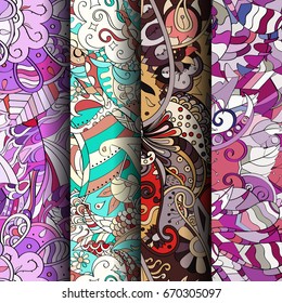 Set of tracery colorful seamless patterns. Vertical stripes. Curved doodling backgrounds for textile or printing with mehndi and ethnic motives. Vector