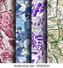 Set of tracery colorful seamless patterns. Vertical stripes. Curved doodling backgrounds for textile or printing with mehndi and ethnic motives. Vector