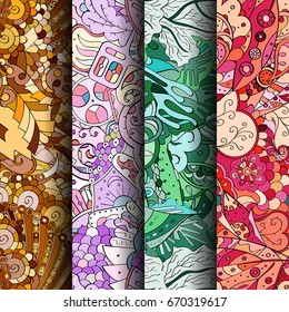 Set of tracery colorful seamless patterns. Vertical stripes. Curved doodling backgrounds for textile or printing with mehndi and ethnic motives. Vector