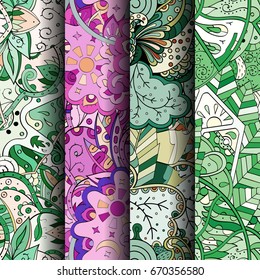 Set of tracery colorful seamless patterns. Vertical stripes. Curved doodling backgrounds for textile or printing with mehndi and ethnic motives. Vector