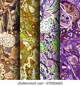 Set of tracery colorful seamless patterns. Vertical stripes. Curved doodling backgrounds for textile or printing with mehndi and ethnic motives. Vector