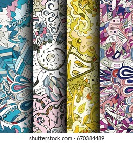 Set of tracery colorful seamless patterns. Vertical stripes. Curved doodling backgrounds for textile or printing with mehndi and ethnic motives. Vector