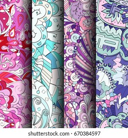 Set of tracery colorful seamless patterns. Vertical stripes. Curved doodling backgrounds for textile or printing with mehndi and ethnic motives. Vector