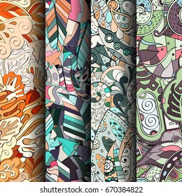 Set of tracery colorful seamless patterns. Vertical stripes. Curved doodling backgrounds for textile or printing with mehndi and ethnic motives. Vector