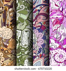 Set of tracery colorful seamless patterns. Vertical stripes. Curved doodling backgrounds for textile or printing with mehndi and ethnic motives. Vector