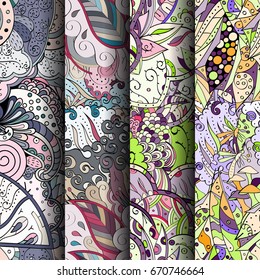 Set of tracery colorful seamless patterns. Vertical stripes. Curved doodling backgrounds for textile or printing with mehndi and ethnic motives. Vector