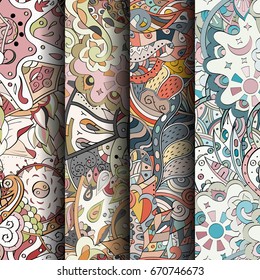 Set of tracery colorful seamless patterns. Vertical stripes. Curved doodling backgrounds for textile or printing with mehndi and ethnic motives. Vector