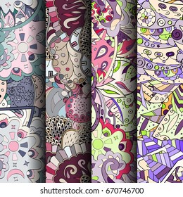 Set of tracery colorful seamless patterns. Vertical stripes. Curved doodling backgrounds for textile or printing with mehndi and ethnic motives. Vector