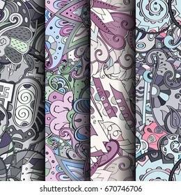 Set of tracery colorful seamless patterns. Vertical stripes. Curved doodling backgrounds for textile or printing with mehndi and ethnic motives. Vector