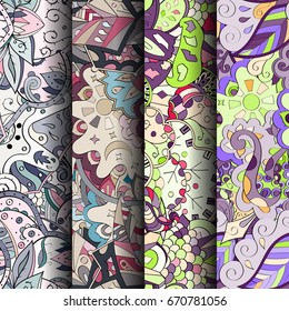 Set of tracery colorful seamless patterns. Vertical stripes. Curved doodling backgrounds for textile or printing with mehndi and ethnic motives. Vector
