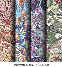 Set of tracery colorful seamless patterns. Vertical stripes. Curved doodling backgrounds for textile or printing with mehndi and ethnic motives. Vector