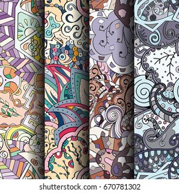 Set of tracery colorful seamless patterns. Vertical stripes. Curved doodling backgrounds for textile or printing with mehndi and ethnic motives. Vector