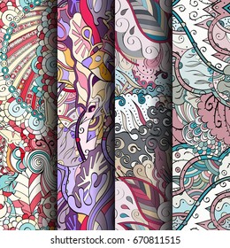 Set of tracery colorful seamless patterns. Vertical stripes. Curved doodling backgrounds for textile or printing with mehndi and ethnic motives. Vector