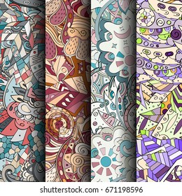 Set of tracery colorful seamless patterns. Vertical stripes. Curved doodling backgrounds for textile or printing with mehndi and ethnic motives. Vector
