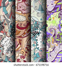 Set of tracery colorful seamless patterns. Vertical stripes. Curved doodling backgrounds for textile or printing with mehndi and ethnic motives. Vector